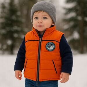 Carter’s Puffer Vest Zip Up Toddler Boy Size 24 Mo Orange/Black Front Pockets